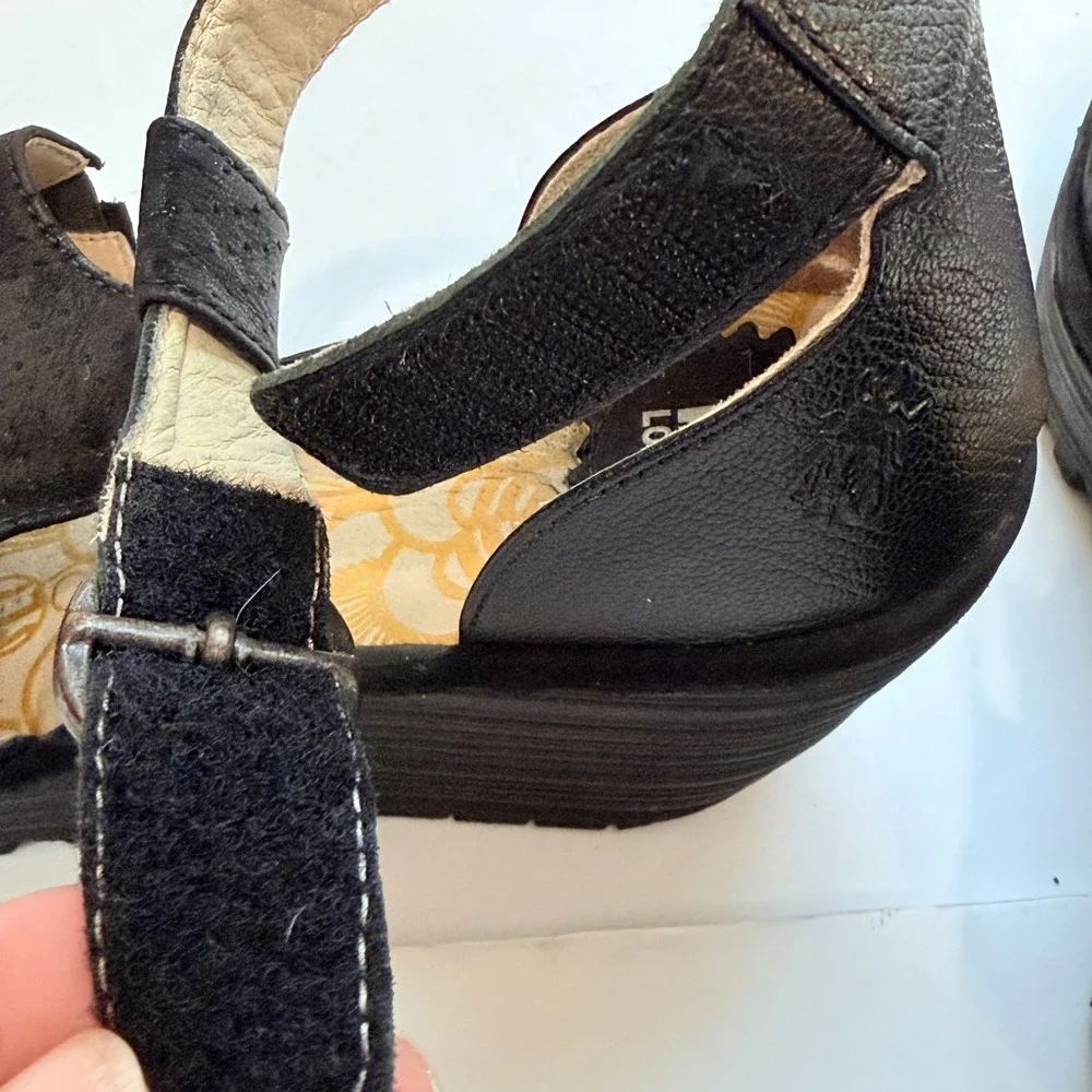 Fly London Yala Black Leather Suede Perforated Wedge Sandals Size 41 US 10-10.5
